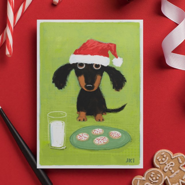 Funny Dachshund Dog Santa with Milk and Cookies Holiday Card (Creator Uploaded)