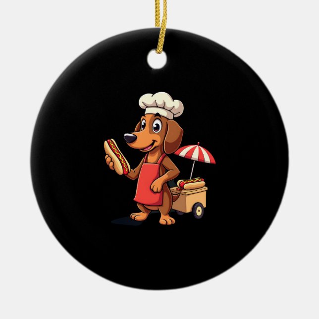 Funny Dachshund Dog Weenie Sausage Hotdog Sandwich Ceramic Tree Decoration (Front)