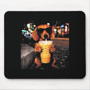Funny dachshund drinking iced coffee animal meme mouse mat