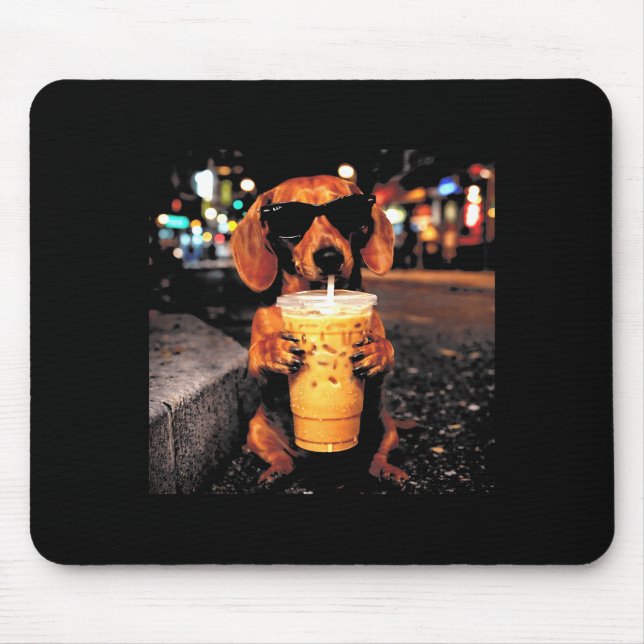 Funny dachshund drinking iced coffee animal meme mouse mat (Front)