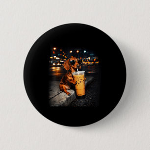 Funny dachshund drinking iced coffee cute dog meme 6 cm round badge