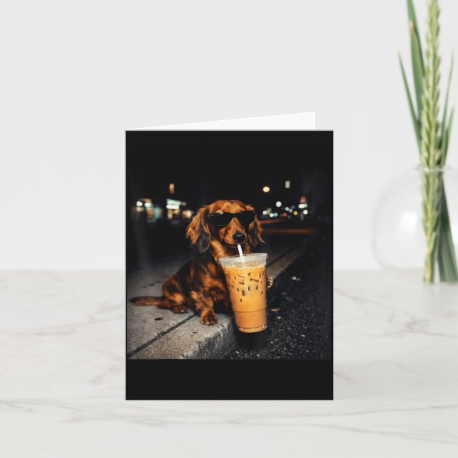 Funny Dachshund Drinking Iced Coffee Cute Dog Meme Card (Front)