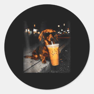 Funny dachshund drinking iced coffee cute dog meme classic round sticker