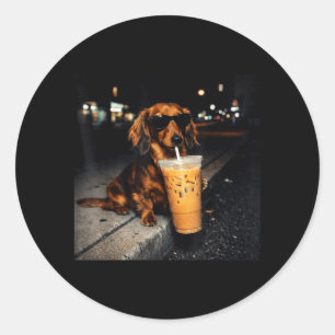 Funny Dachshund Drinking Iced Coffee Cute Dog Meme Classic Round Sticker