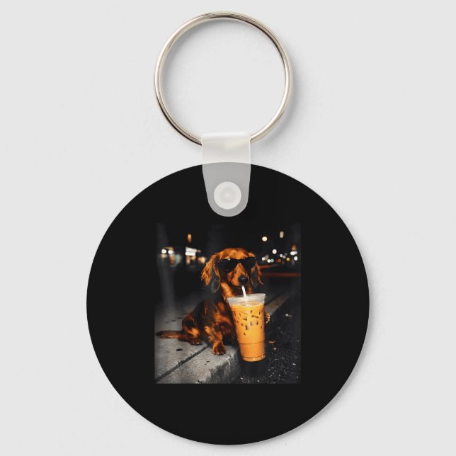 Funny dachshund drinking iced coffee cute dog meme key ring (Front)