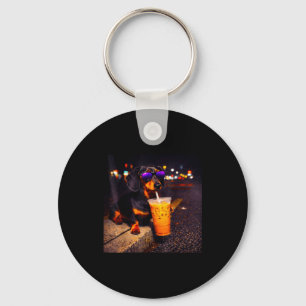 Funny dachshund drinking iced coffee cute dog meme key ring