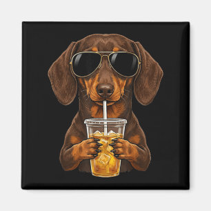 Funny dachshund drinking iced coffee cute dog meme magnet