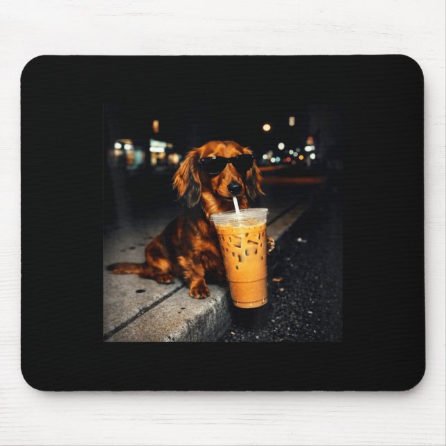 Funny dachshund drinking iced coffee cute dog meme mouse mat (Front)