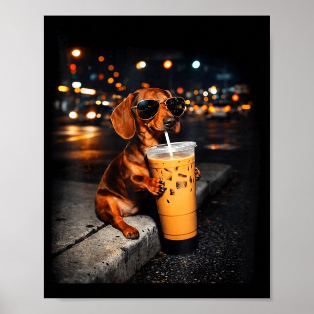 Funny dachshund drinking iced coffee cute dog meme poster (Front)