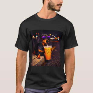Funny dachshund drinking iced coffee cute dog meme T-Shirt
