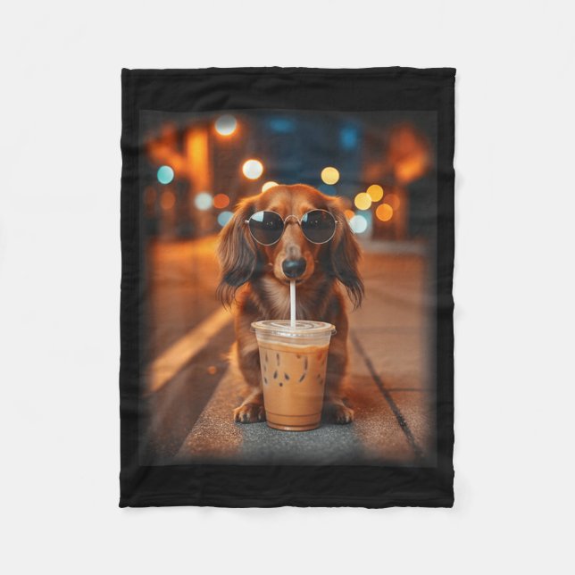 Funny dachshund drinking iced coffee lover dog fleece blanket (Front)