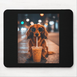 Funny dachshund drinking iced coffee lover dog mouse mat
