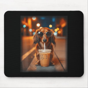 Funny dachshund drinking iced coffee lover dog mouse mat