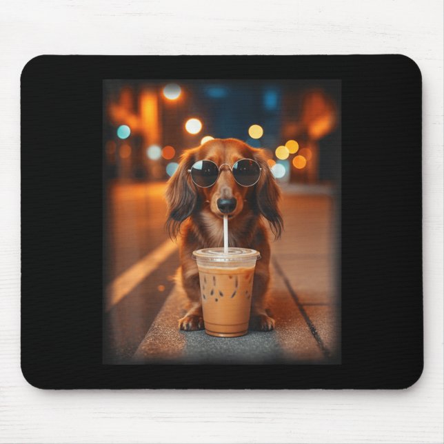 Funny dachshund drinking iced coffee lover dog mouse mat (Front)