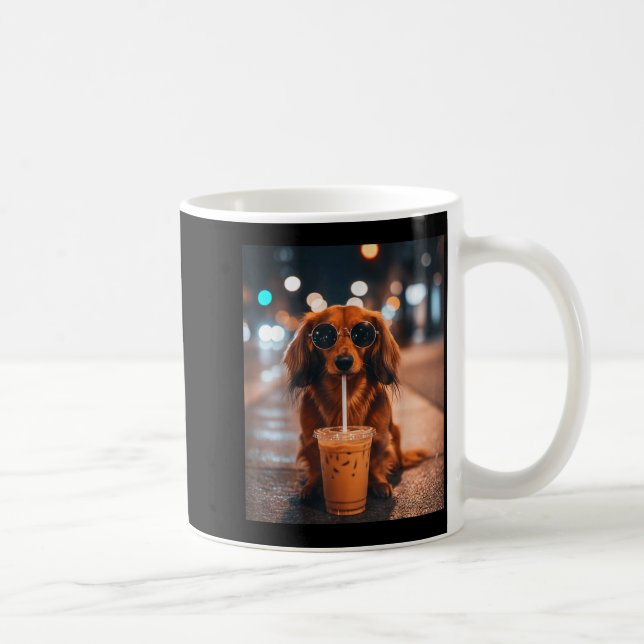 Funny dachshund drinking iced coffee lover dog mug (Right)