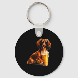 Funny dachshund drinking iced coffee lover humor key ring