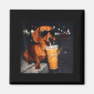Funny dachshund drinking iced coffee lover humour magnet