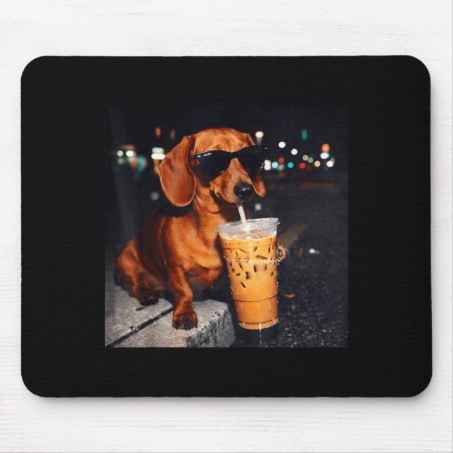 Funny dachshund drinking iced coffee lover humour  mouse mat (Front)