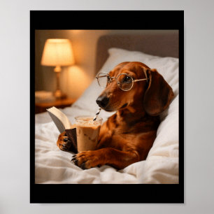 Funny dachshund drinking iced coffee lover humour poster