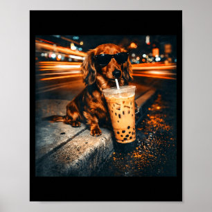 Funny Dachshund Drinking Iced Coffee Lover Humour Poster