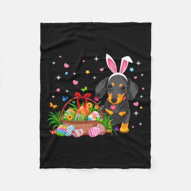 Funny Dachshund Easter Day Bunny Eggs Fleece Blanket (Front)