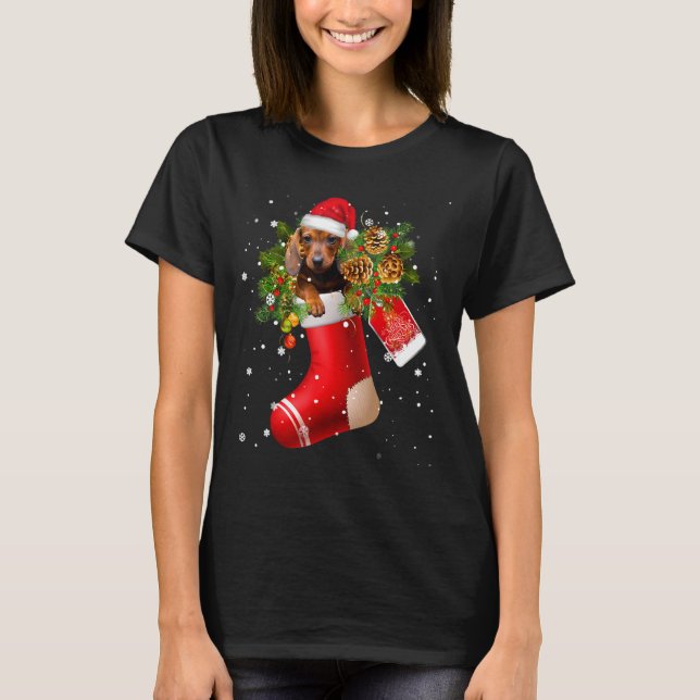 Funny Dachshund In Sock Christmas Santa Hat Xmas D T-Shirt (Front)