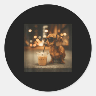 Funny dachshund lover drinking iced coffee humour classic round sticker