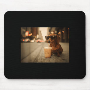 Funny dachshund lover drinking iced coffee humour mouse mat