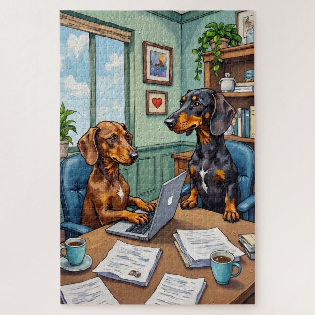 Funny Dachshund Office Life Dog Lover Art Jigsaw Puzzle (Vertical)