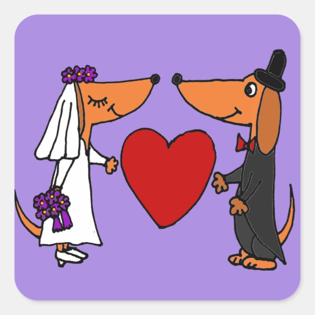 Funny Dachshund Puppy Dogs Bride and Groom Wedding Square Sticker (Front)