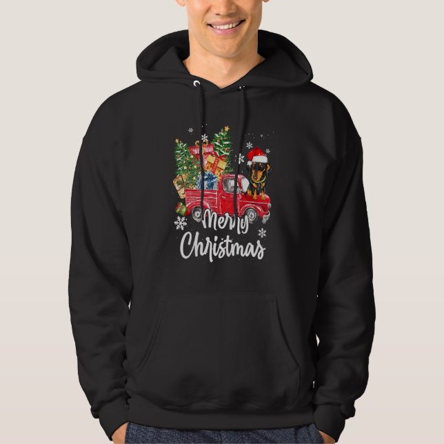 Funny Dachshund Ride Red Truck Merry Christmas Paj Hoodie (Front)