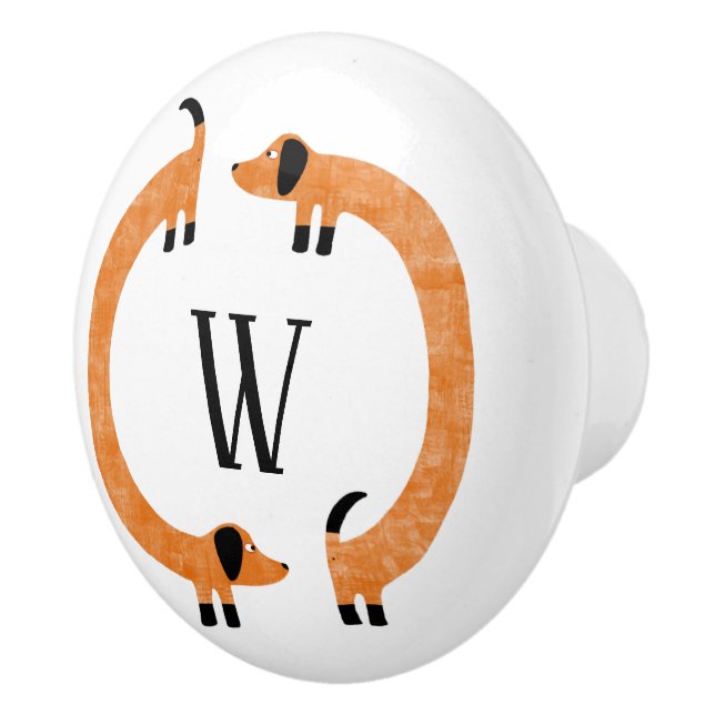 Funny Dachshund Sausage Dog Monogram Ceramic Knob (Right)