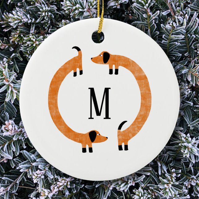 Funny Dachshund Sausage Dog Monogram Ceramic Tree Decoration (Dachshund Wiener Sausage Dog monogram initial fun ceramic ornament)