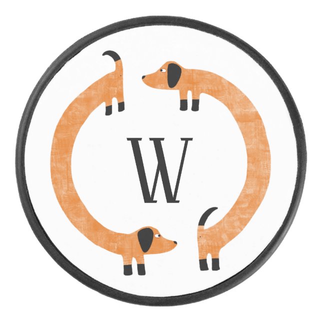 Funny Dachshund Sausage Dog Monogram Hockey Puck (Front)