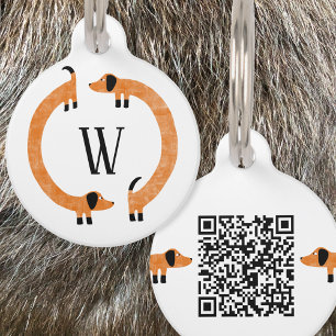 Funny Dachshund Sausage Dog Monogram QR Code Pet Tag