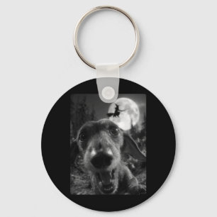 Funny Dachshund Selfie Full Moon Flying Witch Key Ring