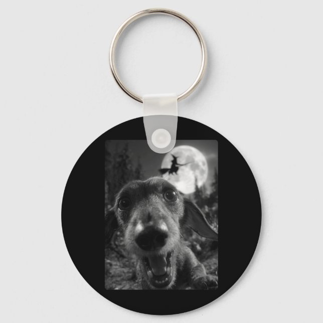 Funny Dachshund Selfie Full Moon Flying Witch Key Ring (Front)