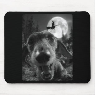 Funny Dachshund Selfie Full Moon Flying Witch Mouse Mat