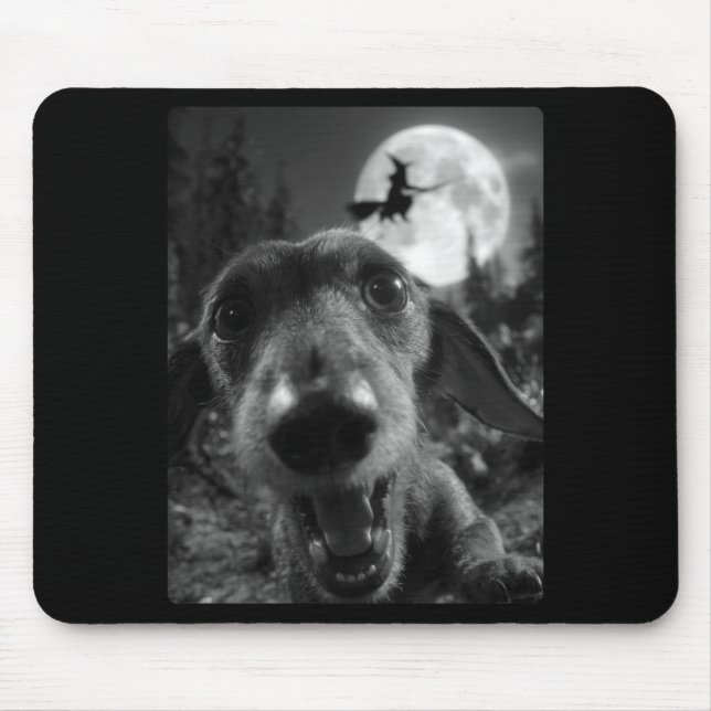 Funny Dachshund Selfie Full Moon Flying Witch Mouse Mat (Front)