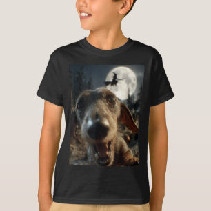 Funny Dachshund Selfie Full Moon Flying Witch T-Shirt