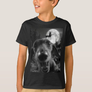 Funny Dachshund Selfie Full Moon Flying Witch T-Shirt