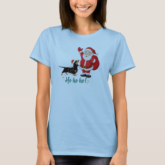 Funny Dachshund Tangled in Christmas Lights T-Shirt (Front)