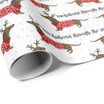 Funny Dachshund Through The Snow Christmas Wrapping Paper<br><div class="desc">Cute,  modern Christmas gift wrap,  featuring the pun,  "Daschund through the snow" with Dachshunds (aka wiener or sausage dogs) wearing red Christmas sweaters and antlers.</div>