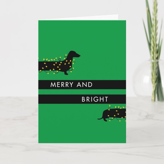 Funny Dachshund with Christmas lights Holiday Card (Front)
