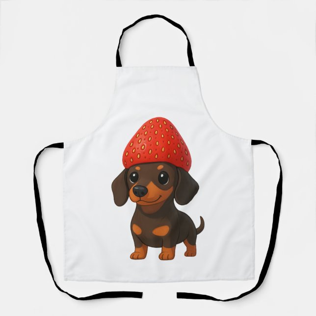 Funny dachshund with strawberries and hat fruity apron (Front)
