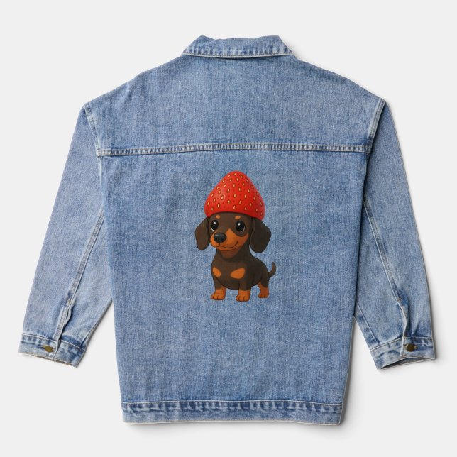 Funny dachshund with strawberries and hat fruity denim jacket (Back)