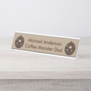 Funny Dad Monster Loves Coffee Custom Desk Name Plate