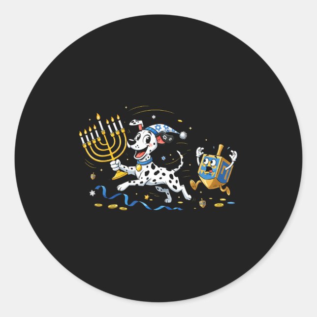 Funny Dalmatian Dreidel Menorah Hanukkah Kids Wome Classic Round Sticker (Front)