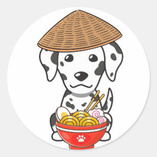 Funny dalmatian is eating noodles classic round sticker