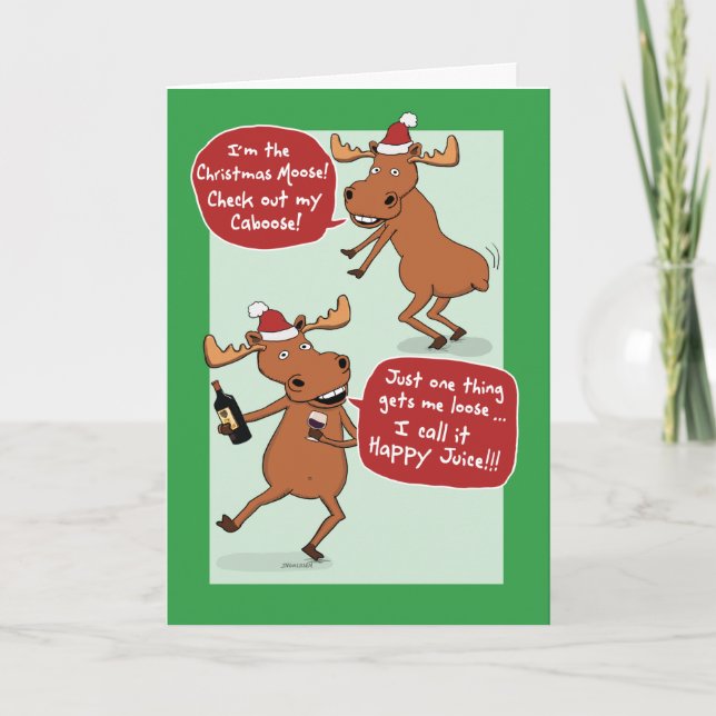 Funny Dancing and Drinking Christmas Moose Holiday Card (Front)